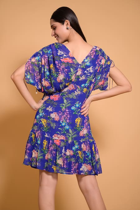 Shop Seams Pret And Couture Blue Georgette V-neck Clematis Floral Print Dress at Aza Fashions Shop_Seams Pret And Couture_Blue Georgette V-neck Clematis Floral Print Dress _at_Aza_Fashions
