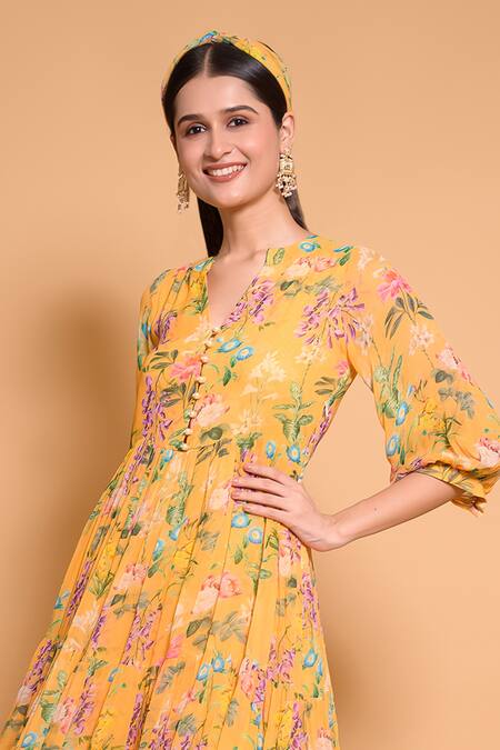 Seams Pret And Couture Yellow Georgette, Satin V-neck Daffodil Floral Print Dress Online at Aza Fashions Seams Pret And Couture_Yellow Georgette, Satin V-neck Daffodil Floral Print Dress _Online_at_Aza_Fashions