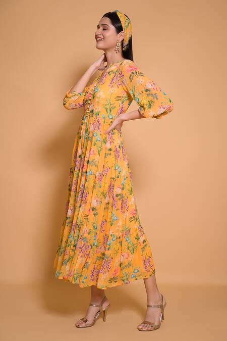 Buy Seams Pret And Couture Yellow Georgette, Satin V-neck Daffodil Floral Print Dress Online at Aza Fashions Buy_Seams Pret And Couture_Yellow Georgette, Satin V-neck Daffodil Floral Print Dress _Online_at_Aza_Fashions