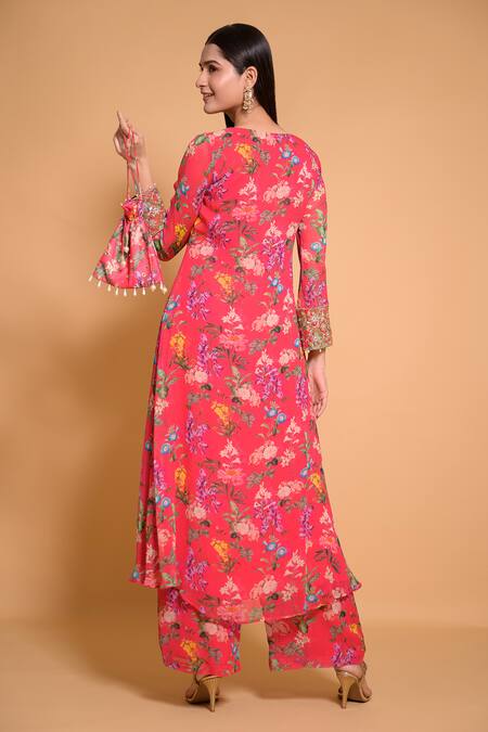 Shop Seams Pret And Couture Pink Georgette Printed Floral Notched Freya Kurta And Pant Set at Aza Fashions Shop_Seams Pret And Couture_Pink Georgette Printed Floral Notched Freya Kurta And Pant Set _at_Aza_Fashions