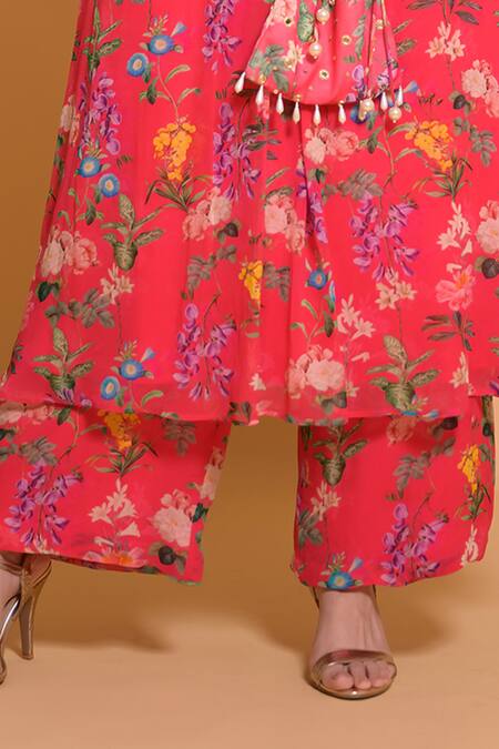 Seams Pret And Couture Pink Georgette Printed Floral Notched Freya Kurta And Pant Set Online at Aza Fashions Seams Pret And Couture_Pink Georgette Printed Floral Notched Freya Kurta And Pant Set _Online_at_Aza_Fashions