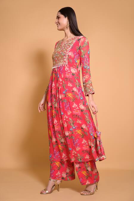 Shop Seams Pret And Couture Pink Georgette Printed Floral Notched Freya Kurta And Pant Set Online at Aza Fashions Shop_Seams Pret And Couture_Pink Georgette Printed Floral Notched Freya Kurta And Pant Set _Online_at_Aza_Fashions