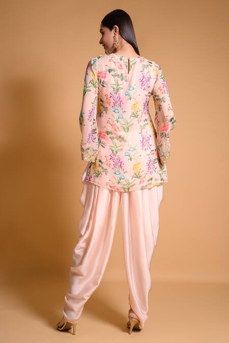 Shop Seams Pret And Couture Pink Silk Satin Printed Floral Round Huzan Kurta And Dhoti Pant Set at Aza Fashions Shop_Seams Pret And Couture_Pink Silk Satin Printed Floral Round Huzan Kurta And Dhoti Pant Set _at_Aza_Fashions