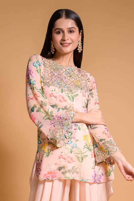 Seams Pret And Couture Pink Silk Satin Printed Floral Round Huzan Kurta And Dhoti Pant Set Online at Aza Fashions Seams Pret And Couture_Pink Silk Satin Printed Floral Round Huzan Kurta And Dhoti Pant Set _Online_at_Aza_Fashions