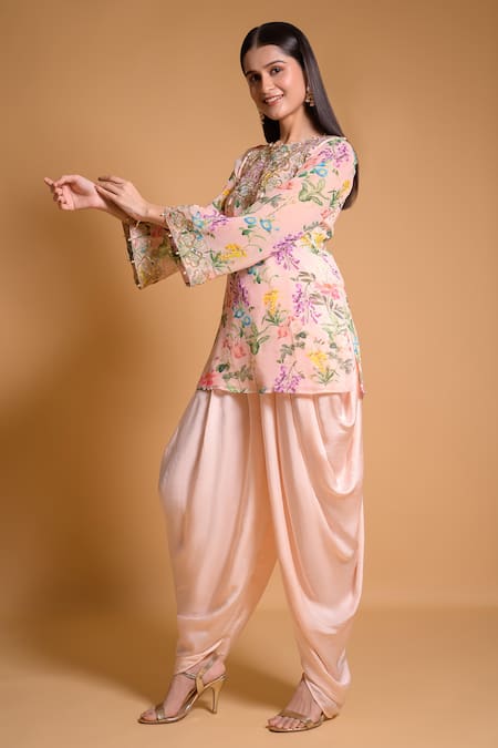 Shop Seams Pret And Couture Pink Silk Satin Printed Floral Round Huzan Kurta And Dhoti Pant Set Online at Aza Fashions Shop_Seams Pret And Couture_Pink Silk Satin Printed Floral Round Huzan Kurta And Dhoti Pant Set _Online_at_Aza_Fashions