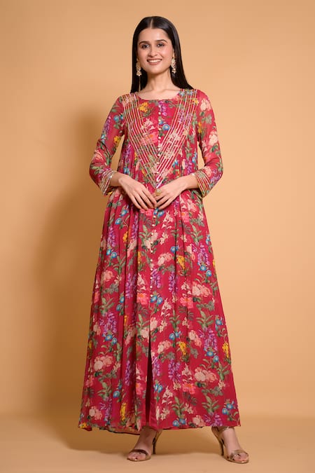 Seams Pret And Couture Purple Georgette Printed Floral Round Mahira Anarkali And Pant Set 