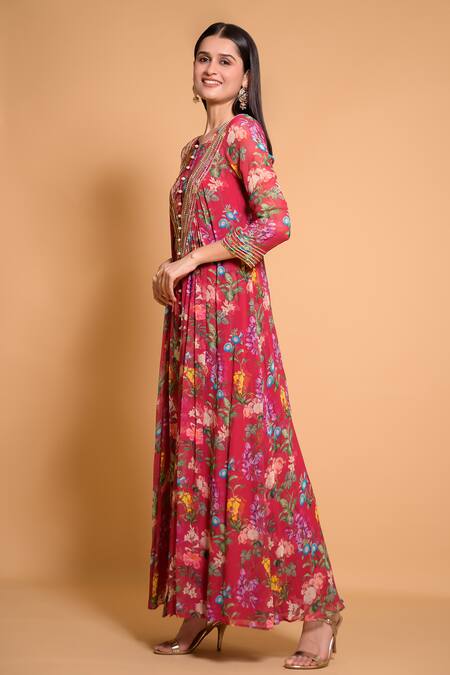 Buy Seams Pret And Couture Purple Georgette Printed Floral Round Mahira Anarkali And Pant Set Online at Aza Fashions Buy_Seams Pret And Couture_Purple Georgette Printed Floral Round Mahira Anarkali And Pant Set _Online_at_Aza_Fashions