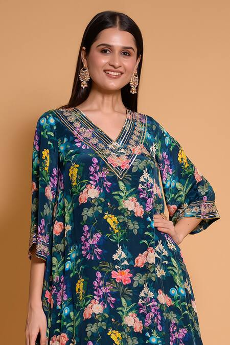 Seams Pret And Couture Blue Crepe Printed Floral V Neck Mahnoor Kurta And Pant Set Online at Aza Fashions Seams Pret And Couture_Blue Crepe Printed Floral V Neck Mahnoor Kurta And Pant Set _Online_at_Aza_Fashions