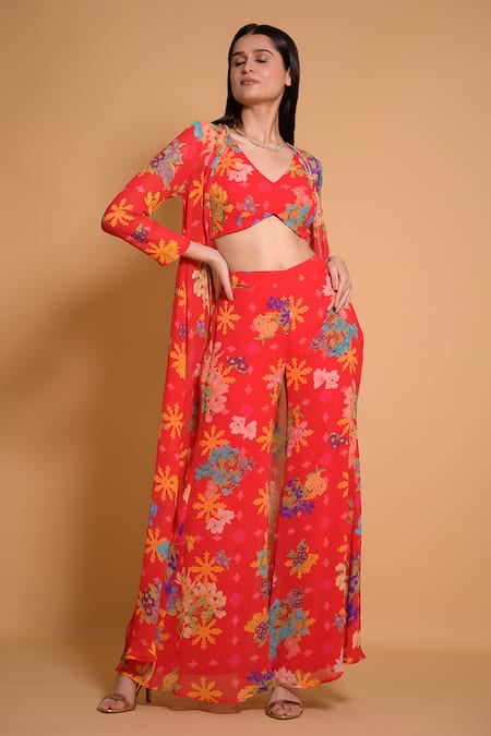 Seams Pret And Couture Red Georgette Printed Floral Leaf Namisha Jacket And Pant Set 