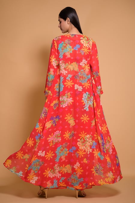 Shop Seams Pret And Couture Red Georgette Printed Floral Leaf Namisha Jacket And Pant Set at Aza Fashions Shop_Seams Pret And Couture_Red Georgette Printed Floral Leaf Namisha Jacket And Pant Set _at_Aza_Fashions