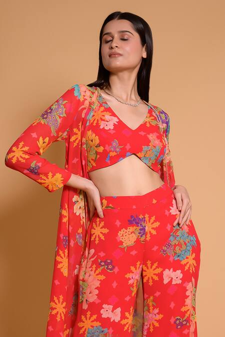 Seams Pret And Couture Red Georgette Printed Floral Leaf Namisha Jacket And Pant Set Online at Aza Fashions Seams Pret And Couture_Red Georgette Printed Floral Leaf Namisha Jacket And Pant Set _Online_at_Aza_Fashions