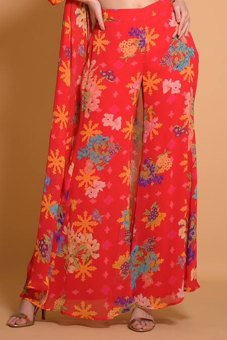 Buy Seams Pret And Couture Red Georgette Printed Floral Leaf Namisha Jacket And Pant Set Online at Aza Fashions Buy_Seams Pret And Couture_Red Georgette Printed Floral Leaf Namisha Jacket And Pant Set _Online_at_Aza_Fashions