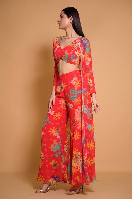 Shop Seams Pret And Couture Red Georgette Printed Floral Leaf Namisha Jacket And Pant Set Online at Aza Fashions Shop_Seams Pret And Couture_Red Georgette Printed Floral Leaf Namisha Jacket And Pant Set _Online_at_Aza_Fashions
