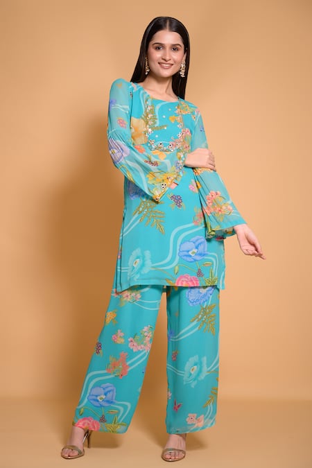 Seams Pret And Couture Blue Georgette Printed Floral Round Nimrit Kurta And Pant Set