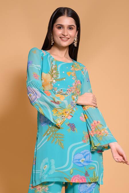 Seams Pret And Couture Blue Georgette Printed Floral Round Nimrit Kurta And Pant Set Online at Aza Fashions Seams Pret And Couture_Blue Georgette Printed Floral Round Nimrit Kurta And Pant Set _Online_at_Aza_Fashions