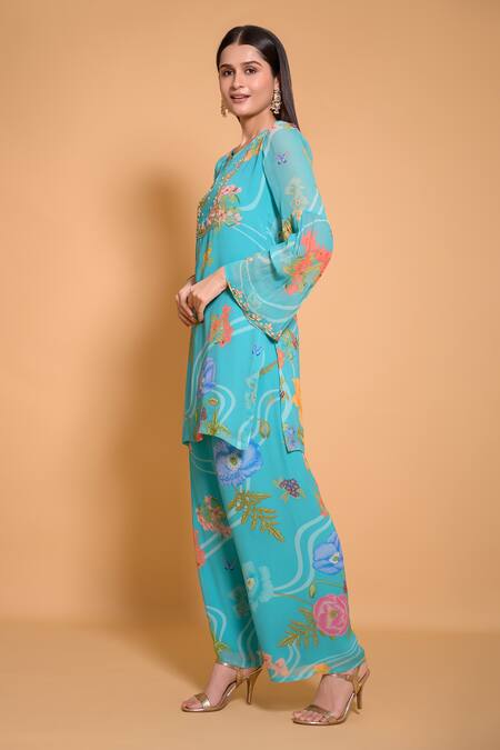 Shop Seams Pret And Couture Blue Georgette Printed Floral Round Nimrit Kurta And Pant Set Online at Aza Fashions Shop_Seams Pret And Couture_Blue Georgette Printed Floral Round Nimrit Kurta And Pant Set _Online_at_Aza_Fashions