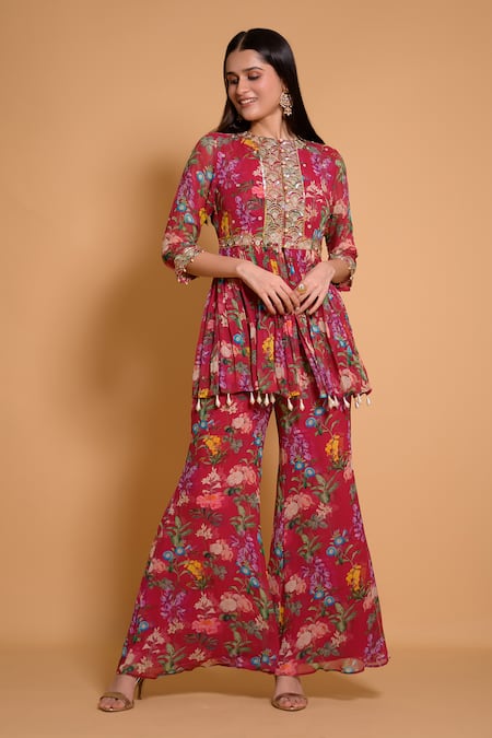 Seams Pret And Couture Purple Georgette Printed Floral Round Preet Kurta And Palazzo Set
