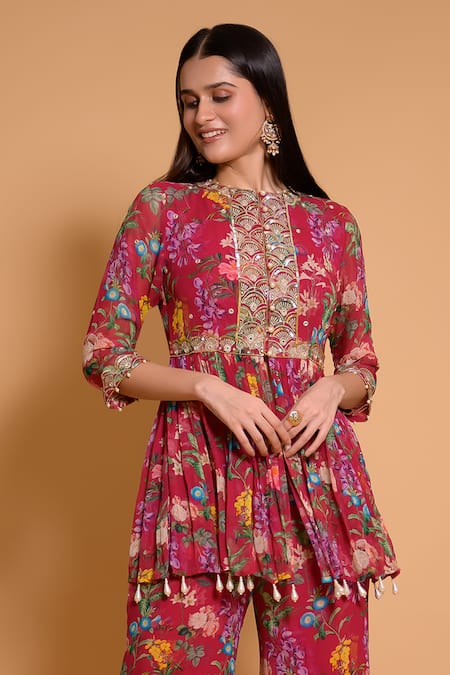 Seams Pret And Couture Purple Georgette Printed Floral Round Preet Kurta And Palazzo Set Online at Aza Fashions Seams Pret And Couture_Purple Georgette Printed Floral Round Preet Kurta And Palazzo Set _Online_at_Aza_Fashions