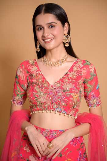 Seams Pret And Couture Pink Georgette, Silk Embroidery V-neck Rania Floral Print Lehenga Set Online at Aza Fashions Seams Pret And Couture_Pink Georgette, Silk Embroidery V-neck Rania Floral Print Lehenga Set _Online_at_Aza_Fashions