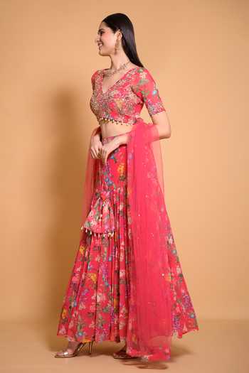 Buy Seams Pret And Couture Pink Georgette, Silk Embroidery V-neck Rania Floral Print Lehenga Set Online at Aza Fashions Buy_Seams Pret And Couture_Pink Georgette, Silk Embroidery V-neck Rania Floral Print Lehenga Set _Online_at_Aza_Fashions