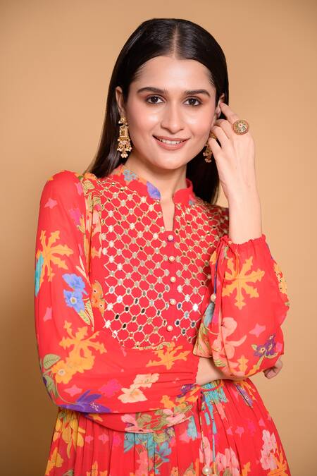 Seams Pret And Couture_Red Georgette Printed Floral Mandarin Samaira Anarkali And Pant Set _Online_at_Aza_Fashions