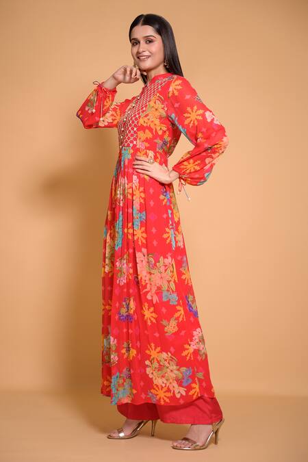 Buy_Seams Pret And Couture_Red Georgette Printed Floral Mandarin Samaira Anarkali And Pant Set _Online_at_Aza_Fashions