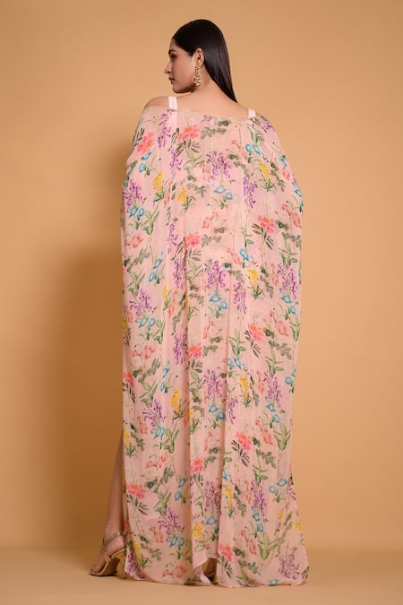 Shop Seams Pret And Couture Pink Georgette Printed Floral Scoop Tanya Cape And Skirt Set at Aza Fashions Shop_Seams Pret And Couture_Pink Georgette Printed Floral Scoop Tanya Cape And Skirt Set _at_Aza_Fashions