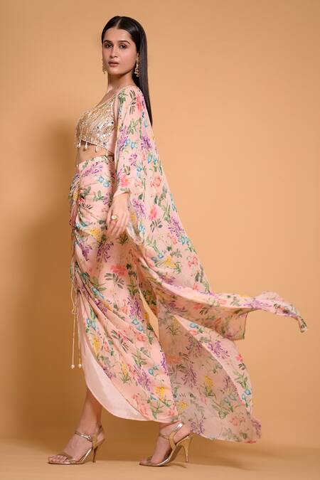 Buy Seams Pret And Couture Pink Georgette Printed Floral Scoop Tanya Cape And Skirt Set Online at Aza Fashions Buy_Seams Pret And Couture_Pink Georgette Printed Floral Scoop Tanya Cape And Skirt Set _Online_at_Aza_Fashions