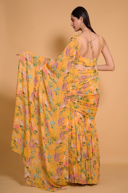 Shop Seams Pret And Couture Yellow Georgette Printed Floral Leaf Tifara Sharara Saree With Blouse at Aza Fashions Shop_Seams Pret And Couture_Yellow Georgette Printed Floral Leaf Tifara Sharara Saree With Blouse _at_Aza_Fashions