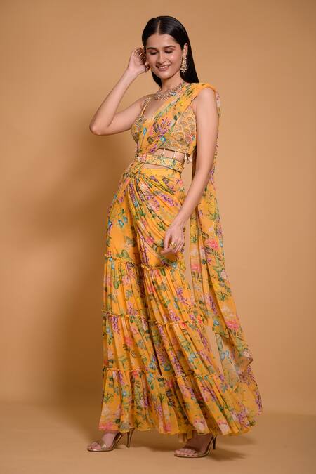 Buy Seams Pret And Couture Yellow Georgette Printed Floral Leaf Tifara Sharara Saree With Blouse Online at Aza Fashions Buy_Seams Pret And Couture_Yellow Georgette Printed Floral Leaf Tifara Sharara Saree With Blouse _Online_at_Aza_Fashions