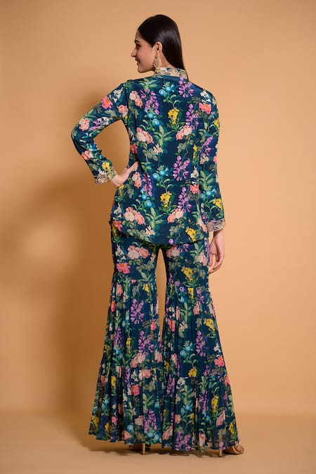 Shop Seams Pret And Couture Blue Georgette Printed Floral Mandarin Tihana Kurta And Sharara Set at Aza Fashions Shop_Seams Pret And Couture_Blue Georgette Printed Floral Mandarin Tihana Kurta And Sharara Set _at_Aza_Fashions