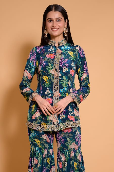 Seams Pret And Couture Blue Georgette Printed Floral Mandarin Tihana Kurta And Sharara Set Online at Aza Fashions Seams Pret And Couture_Blue Georgette Printed Floral Mandarin Tihana Kurta And Sharara Set _Online_at_Aza_Fashions