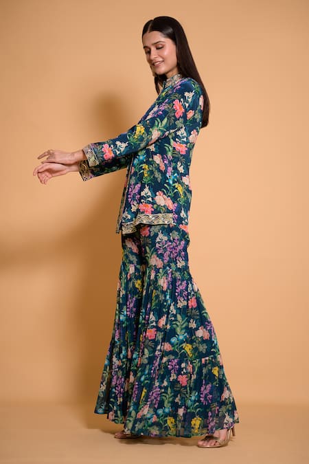 Buy Seams Pret And Couture Blue Georgette Printed Floral Mandarin Tihana Kurta And Sharara Set Online at Aza Fashions Buy_Seams Pret And Couture_Blue Georgette Printed Floral Mandarin Tihana Kurta And Sharara Set _Online_at_Aza_Fashions