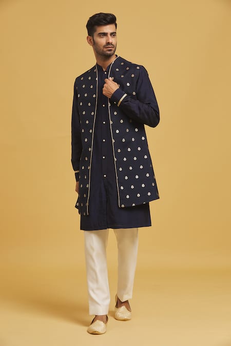 Buy Seirra Thakur Blue Silk, Cotton Embroidery, Applique Floral Nehru Jacket Set Online at Aza Fashions Buy_Seirra Thakur_Blue Silk, Cotton Embroidery, Applique Floral Nehru Jacket Set_Online_at_Aza_Fashions