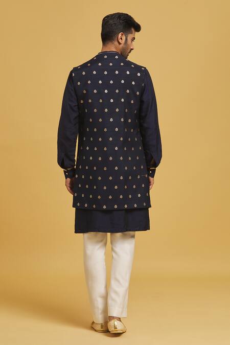 Shop Seirra Thakur Blue Silk, Cotton Embroidery, Applique Floral Nehru Jacket Set at Aza Fashions Shop_Seirra Thakur_Blue Silk, Cotton Embroidery, Applique Floral Nehru Jacket Set_at_Aza_Fashions