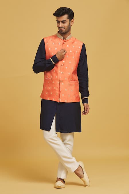 Jacquard Print Nehru Jacket with Yellow Kurta Pajama