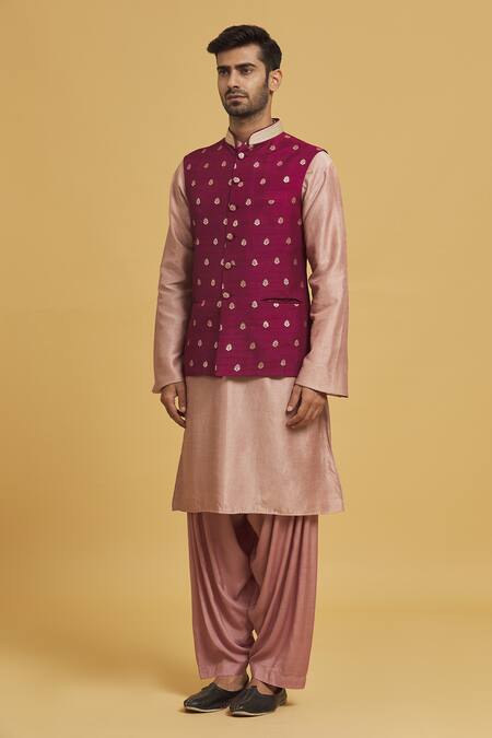Shop Seirra Thakur Magenta Silk Embroidery Floral Applique Nehru Jacket Online at Aza Fashions Shop_Seirra Thakur_Magenta Silk Embroidery Floral Applique Nehru Jacket_Online_at_Aza_Fashions