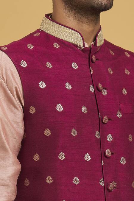 Seirra Thakur Magenta Silk Embroidery Floral Applique Nehru Jacket at Aza Fashions Seirra Thakur_Magenta Silk Embroidery Floral Applique Nehru Jacket_at_Aza_Fashions