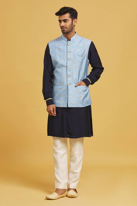 Seirra Thakur Blue Silk Embroidery Floral Applique Nehru Jacket Online at Aza Fashions Seirra Thakur_Blue Silk Embroidery Floral Applique Nehru Jacket_Online_at_Aza_Fashions