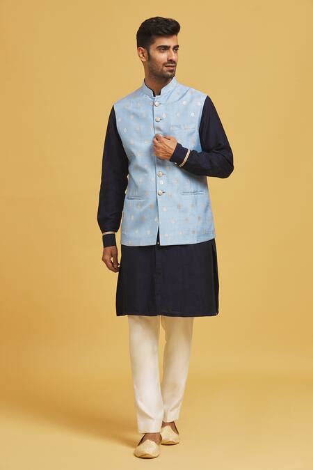 Buy Seirra Thakur Blue Silk Embroidery Floral Applique Nehru Jacket Online at Aza Fashions Buy_Seirra Thakur_Blue Silk Embroidery Floral Applique Nehru Jacket_Online_at_Aza_Fashions