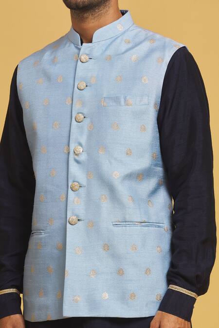Shop Seirra Thakur Blue Silk Embroidery Floral Applique Nehru Jacket Online at Aza Fashions Shop_Seirra Thakur_Blue Silk Embroidery Floral Applique Nehru Jacket_Online_at_Aza_Fashions
