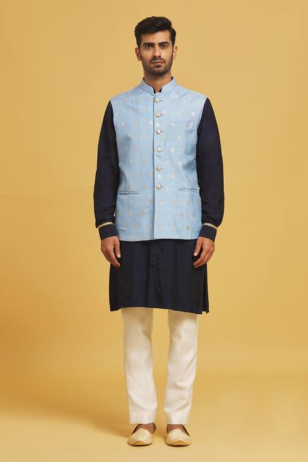 Seirra Thakur Blue Silk Embroidery Floral Applique Nehru Jacket at Aza Fashions Seirra Thakur_Blue Silk Embroidery Floral Applique Nehru Jacket_at_Aza_Fashions
