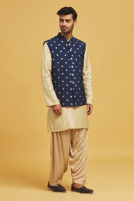 Seirra Thakur Blue Silk Embroidery Floral Applique Navy Nehru Jacket Online at Aza Fashions Seirra Thakur_Blue Silk Embroidery Floral Applique Navy Nehru Jacket_Online_at_Aza_Fashions