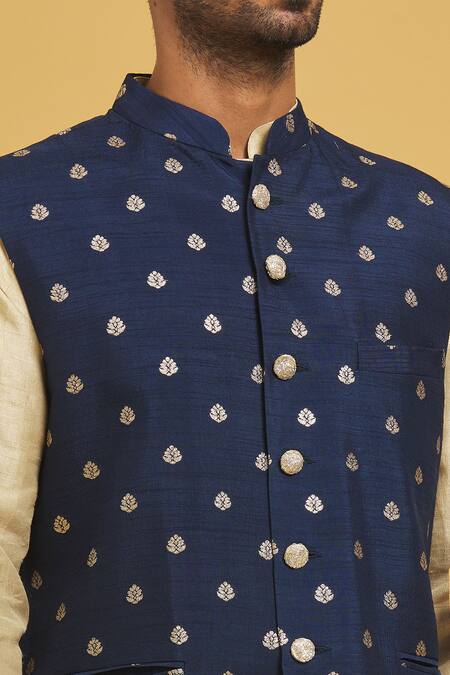 Shop Seirra Thakur Blue Silk Embroidery Floral Applique Navy Nehru Jacket Online at Aza Fashions Shop_Seirra Thakur_Blue Silk Embroidery Floral Applique Navy Nehru Jacket_Online_at_Aza_Fashions