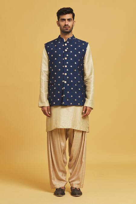 Seirra Thakur Blue Silk Embroidery Floral Applique Navy Nehru Jacket at Aza Fashions Seirra Thakur_Blue Silk Embroidery Floral Applique Navy Nehru Jacket_at_Aza_Fashions