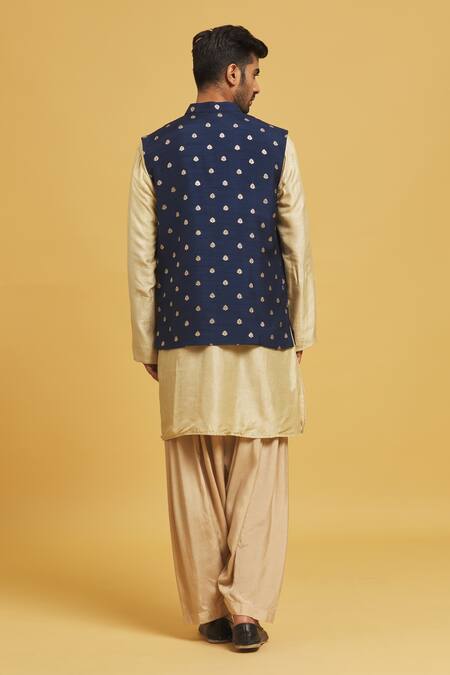 Shop Seirra Thakur Blue Silk Embroidery Floral Applique Navy Nehru Jacket at Aza Fashions Shop_Seirra Thakur_Blue Silk Embroidery Floral Applique Navy Nehru Jacket_at_Aza_Fashions