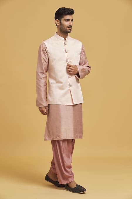 Seirra Thakur_Peach Cotton Satin Solid Nehru Jacket_Online_at_Aza_Fashions