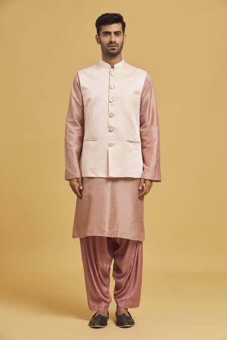 Buy_Seirra Thakur_Peach Cotton Satin Solid Nehru Jacket_Online_at_Aza_Fashions