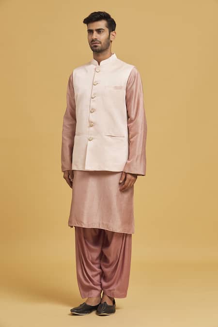 Shop_Seirra Thakur_Peach Cotton Satin Solid Nehru Jacket_Online_at_Aza_Fashions