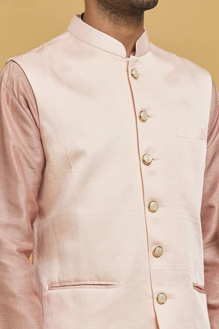 Seirra Thakur_Peach Cotton Satin Solid Nehru Jacket_at_Aza_Fashions